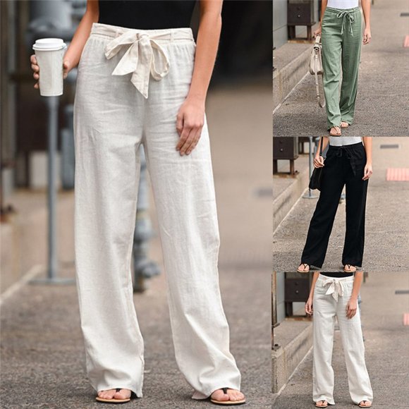 Rachel & Co Pants - Linen Cotton Pants Solid Colors Elastic Waist with Belt, Wide Leg Multiple Sizes